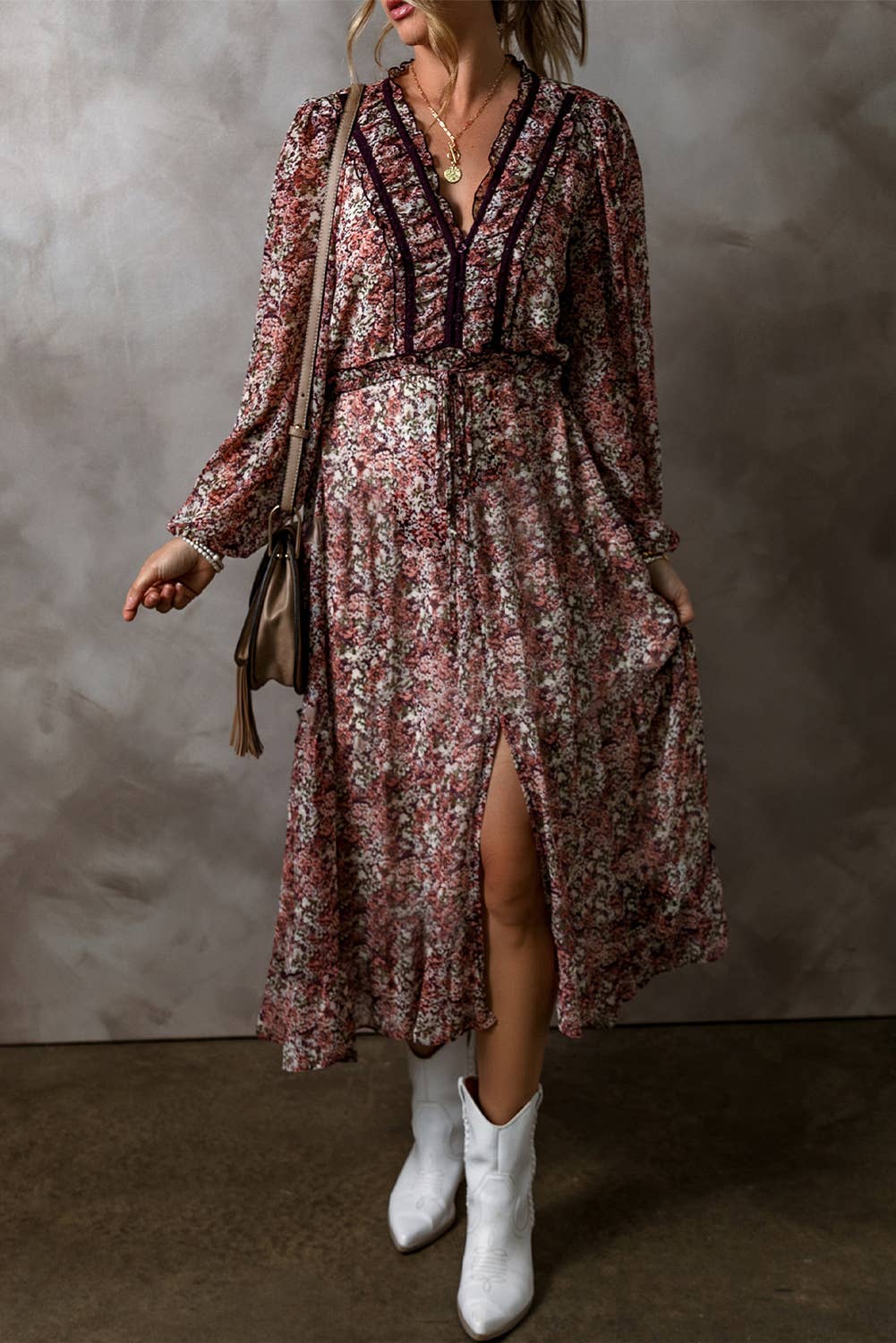 LDC Floral Print Split Front Tiered Frilled Midi Dress