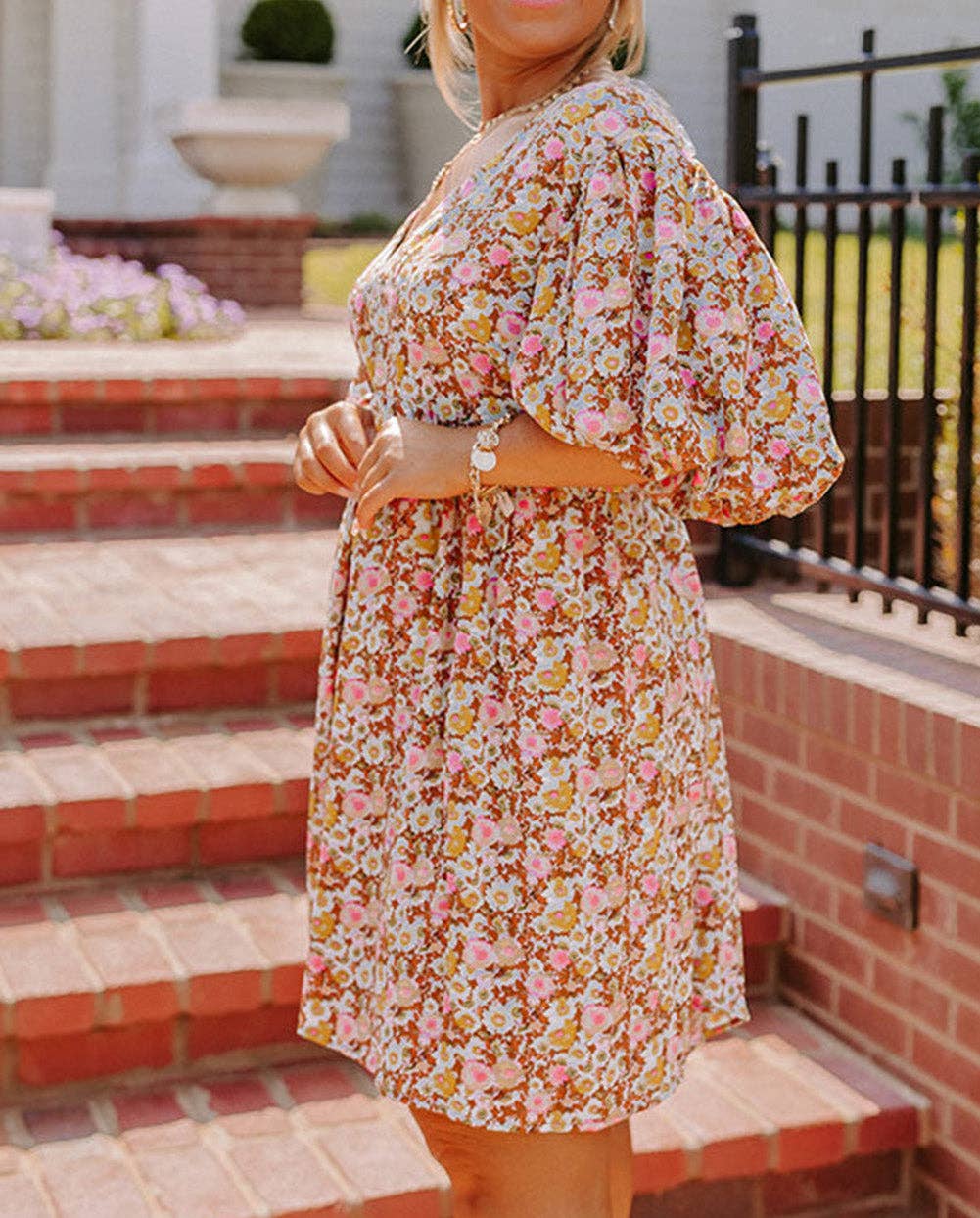 Multicolor Plus Size Floral Print Puff Sleeves Dress