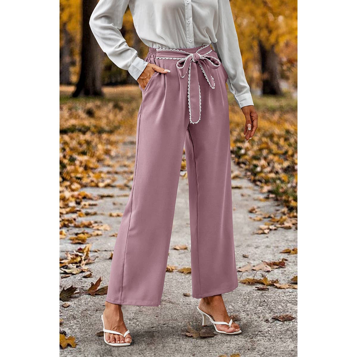 Wide Lace Trim Elastic Pants