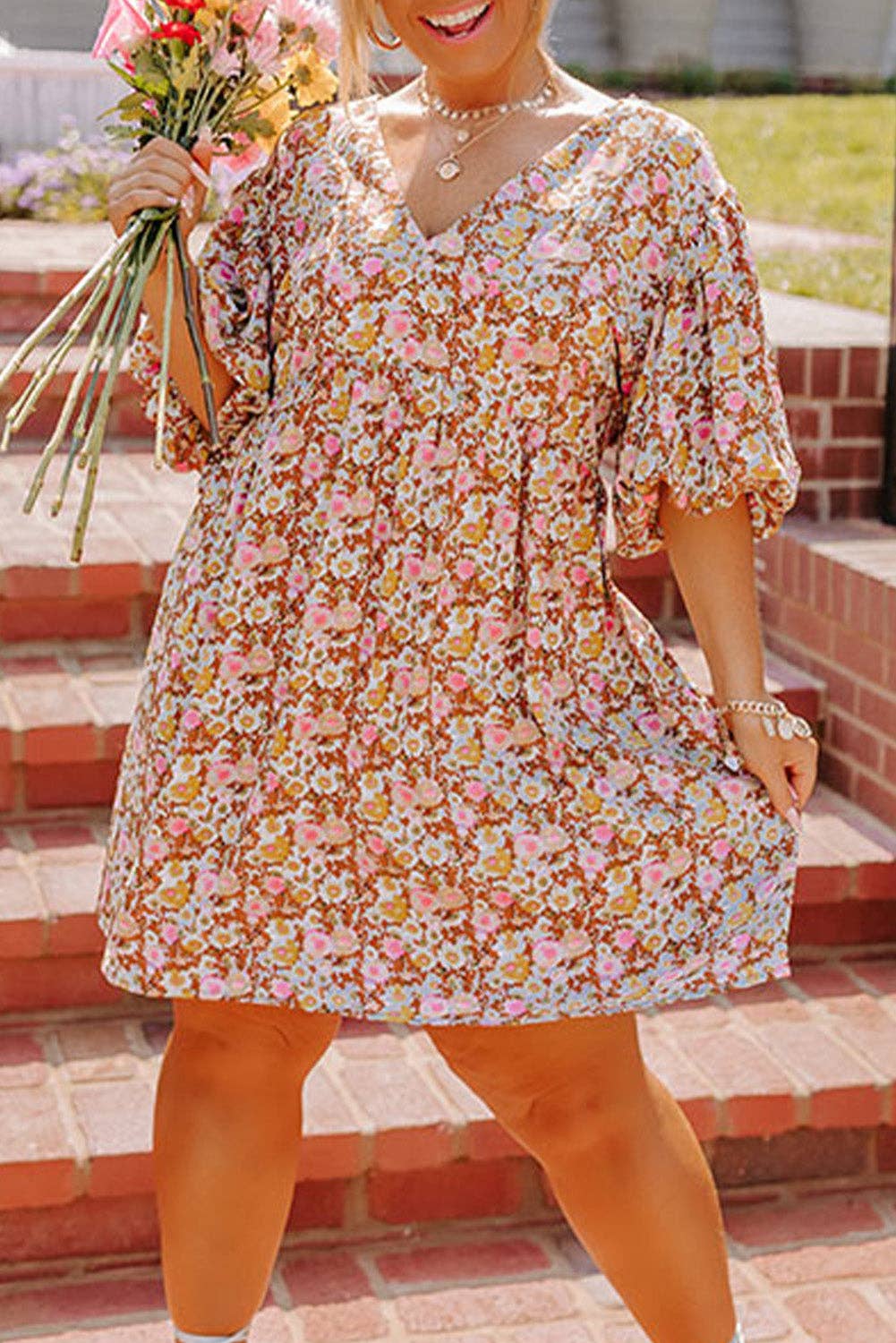 Multicolor Plus Size Floral Print Puff Sleeves Dress