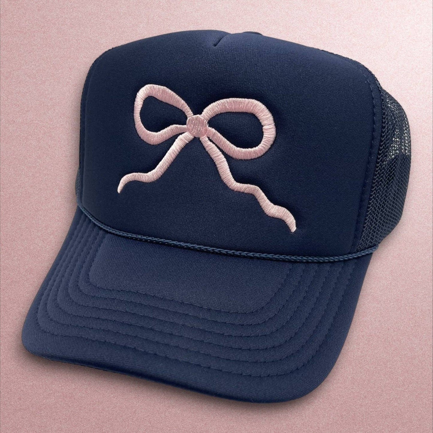 Navy Pink Bow Trucker