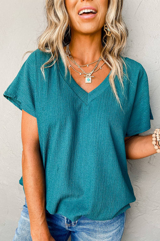 Crinkled V Neck Wide Sleeve