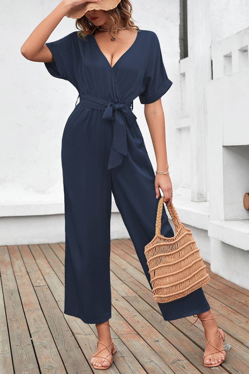 V Neck Tie Jumpsuit