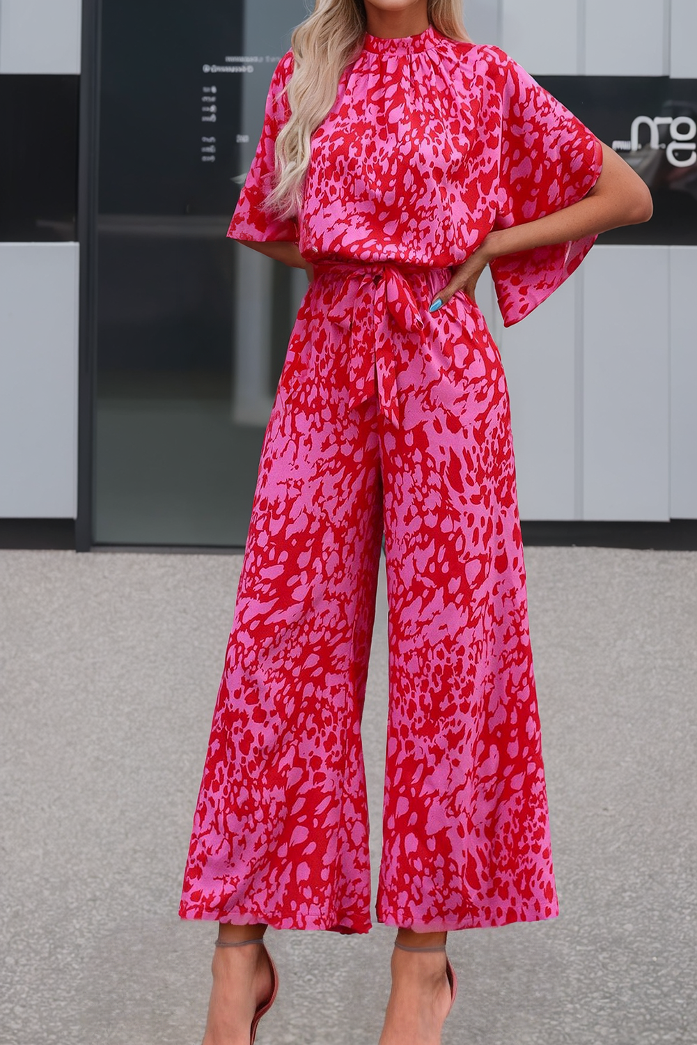 Rose Leopard Loose Sleeve Belted Wide Leg Jumpsuit