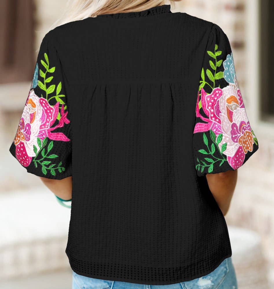 Floral Embroidered Puff Blouse