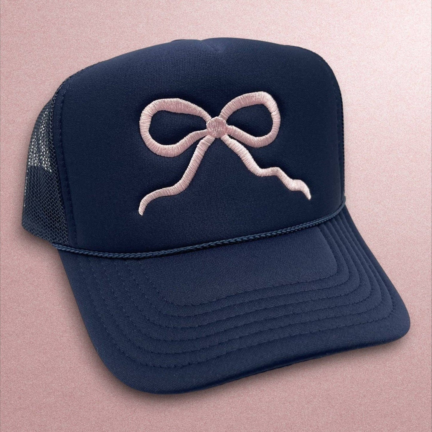 Navy Pink Bow Trucker