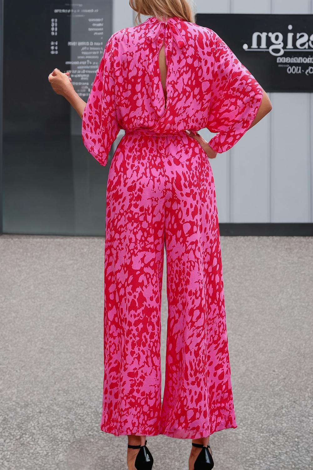 Rose Leopard Loose Sleeve Belted Wide Leg Jumpsuit