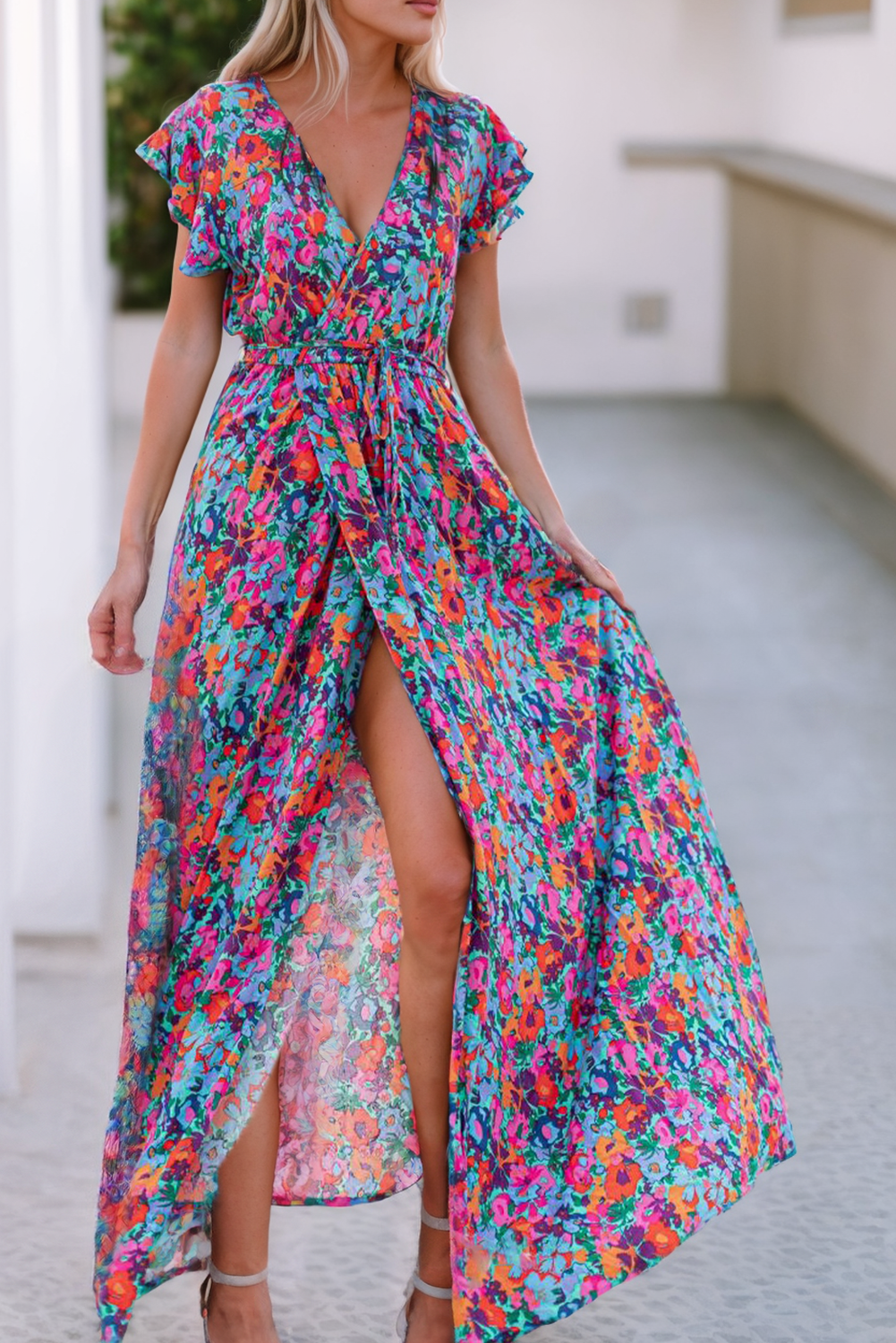 Floral V Neck Wrap Dress