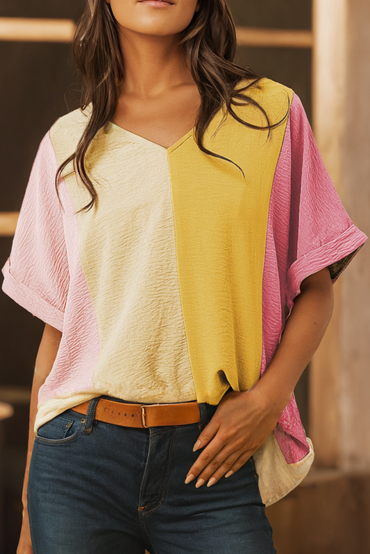 Colorblock Patchwork Crinkled Blouse