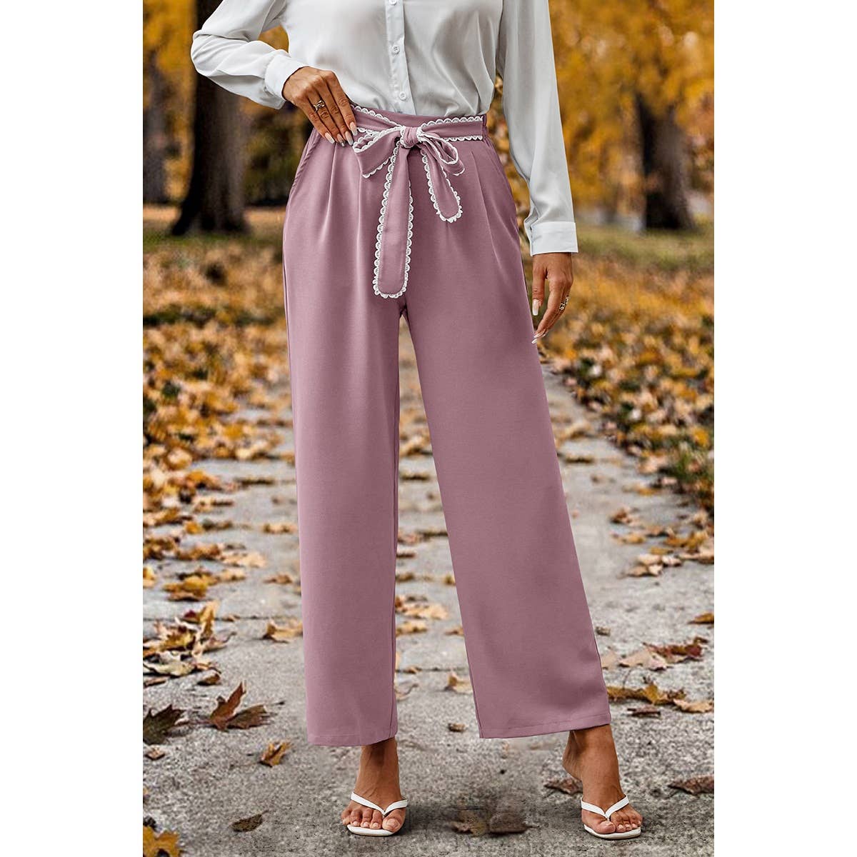 Wide Lace Trim Elastic Pants